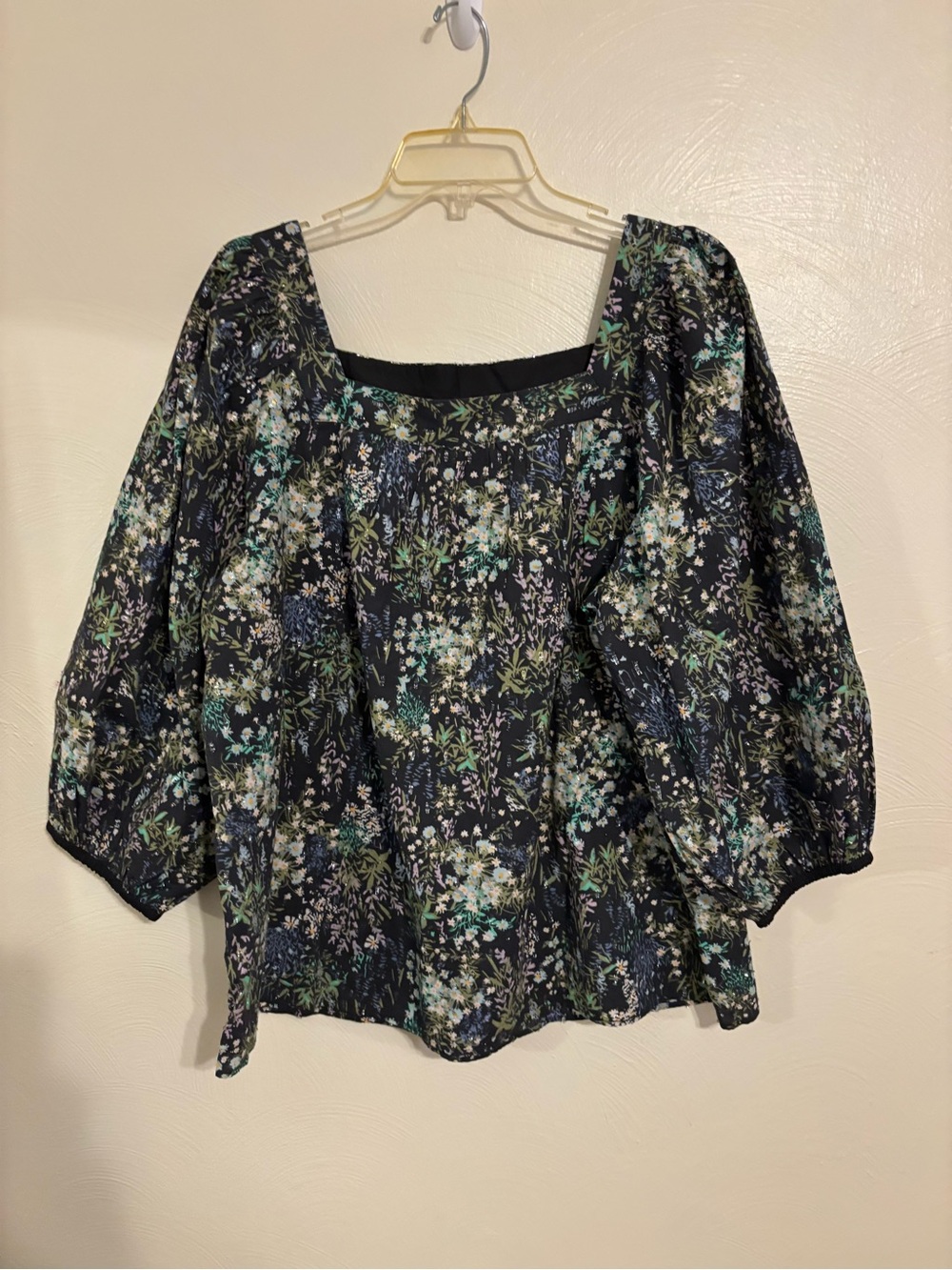 LC Lauren Conrad Navy Floral Square-Neck Puff Sleeve Blouse